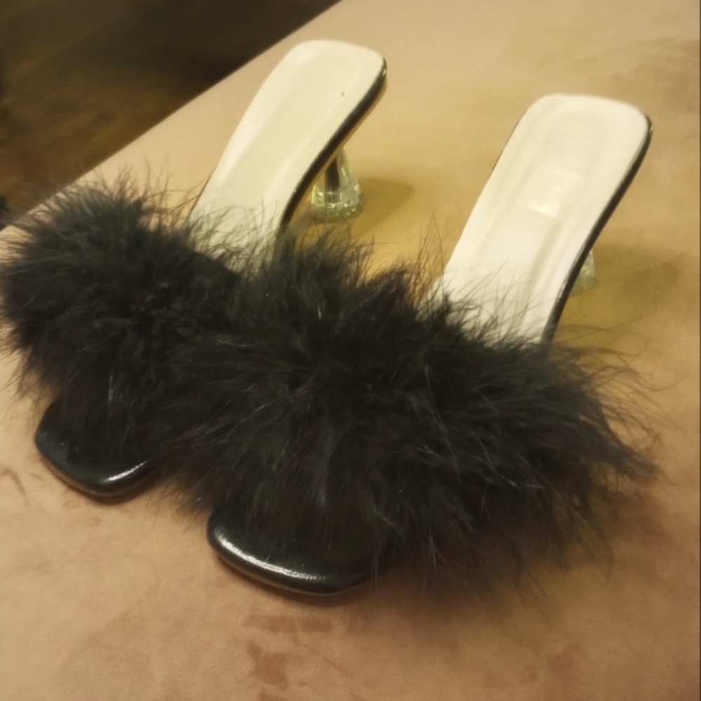 Fur slippers/feather slippers black, Size EUR 37